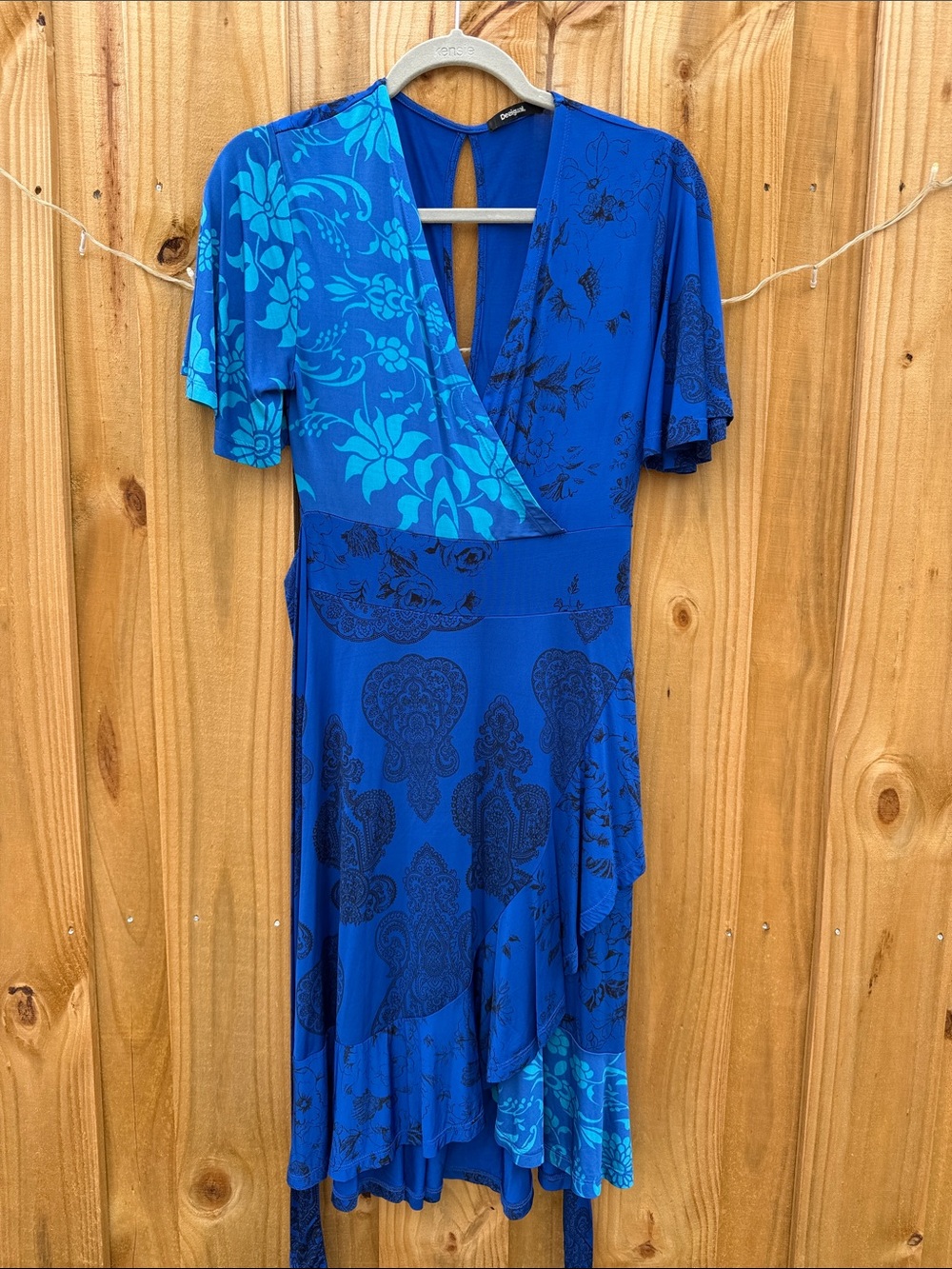 Desigual Blue Floral Print Asymmetrical Wrap Dress